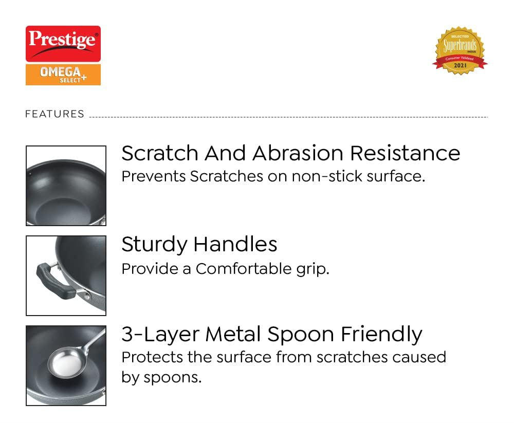 Prestige Omega Select Plus Non-Stick Aluminium RB Kadhai with Lid, 20cms - 30719