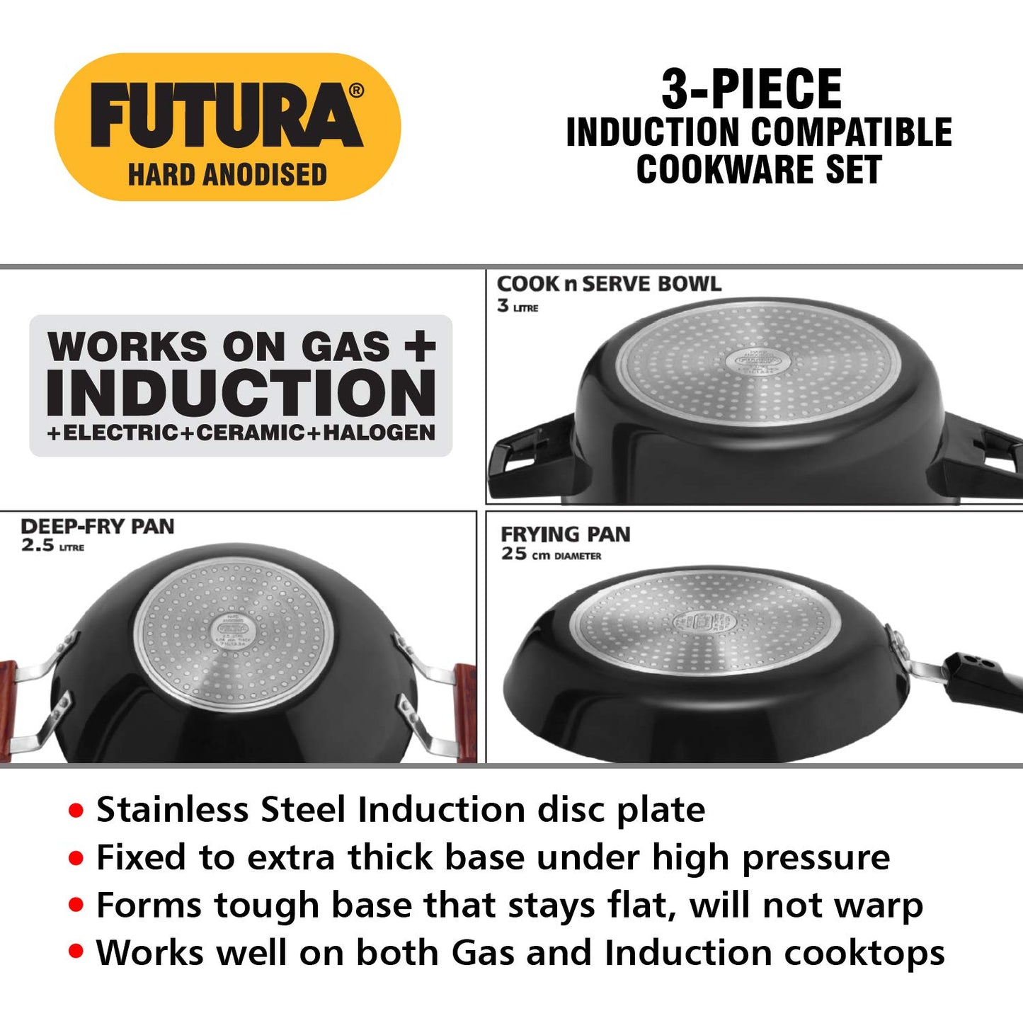 Hawkins Futura 4 Pieces Hard Anodised Induction Compatible Cookware Set 1 - 25cm Frying Pan With SS Lid, 2.5 Litres Deep Fry Pan With SS Lid and 3 Litres Cook-n-Serve Bowl with Hard Anodised Lid- IASET1
