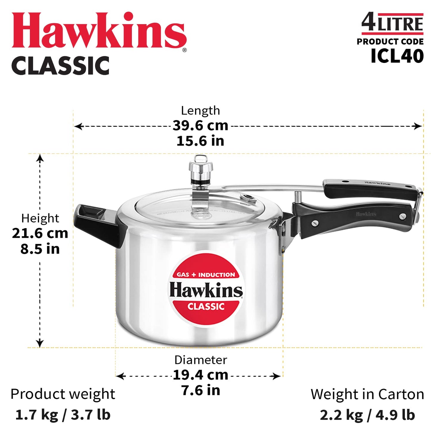 Hawkins Classic 4 Litres Tall Induction Base Aluminium Inner Lid Pressure Cooker - ICL40
