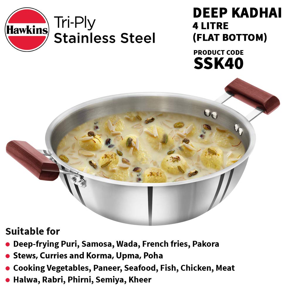 Hawkins Triply Stainless Steel Deep Kadhai 4 Litres | 28cms, Flat Bottom Induction Base - SSK 40