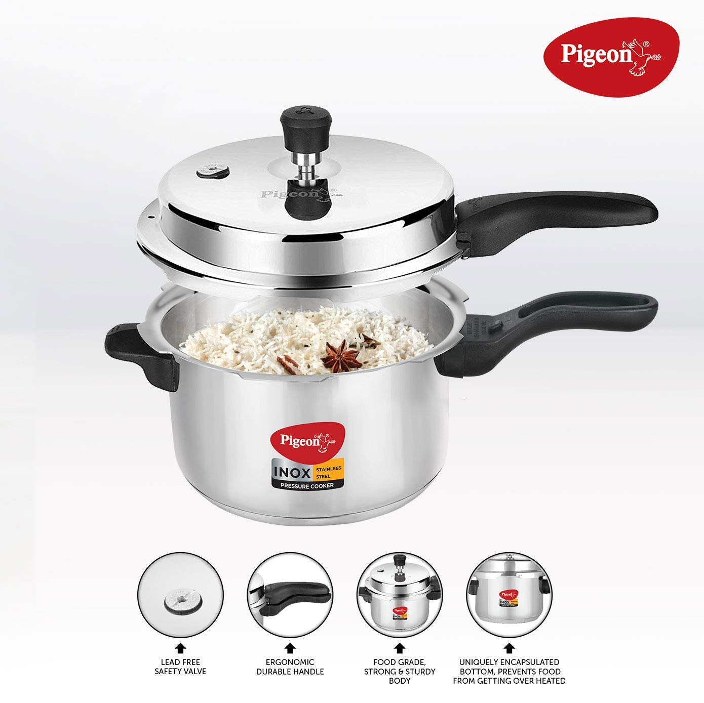 Pigeon Inox Stainless Steel Outer Lid Pressure Cooker 5 Litres, Induction Base - 14046