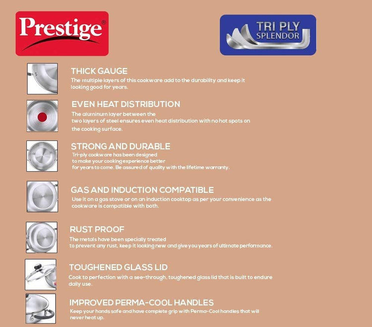 Prestige Splendor Tri-ply Stainless Steel Kadai 240mm | 2.7 Litres - 37424