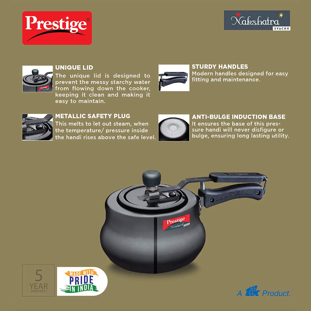 Prestige Svachh 2 Litres Hard Anodised Aluminium Inner Lid Handi, with Deep Lid for Spillage Control, Black - 10759