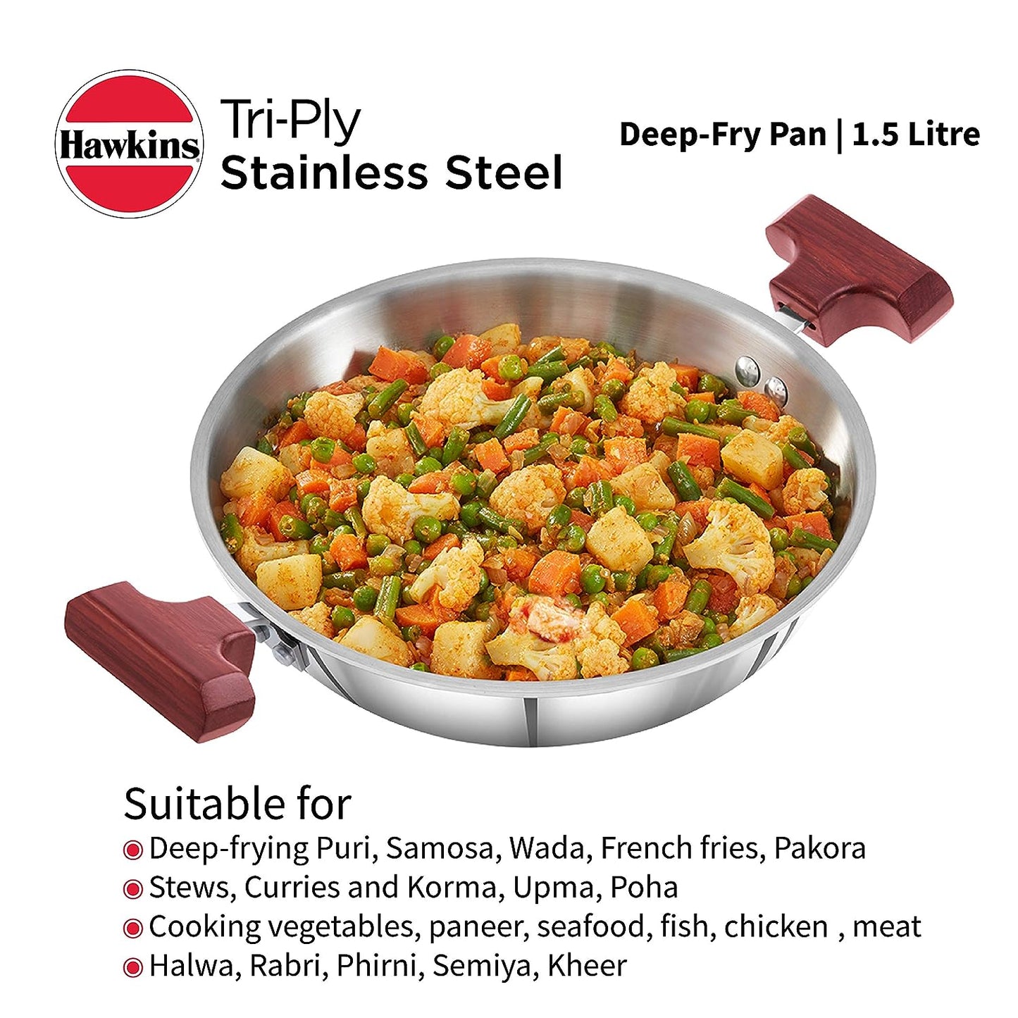 Hawkins Triply Stainless Steel Deep Fry Pan | Kadhai 1.5 Litres | 22cms, Flat Bottom Induction Base - SSD 15