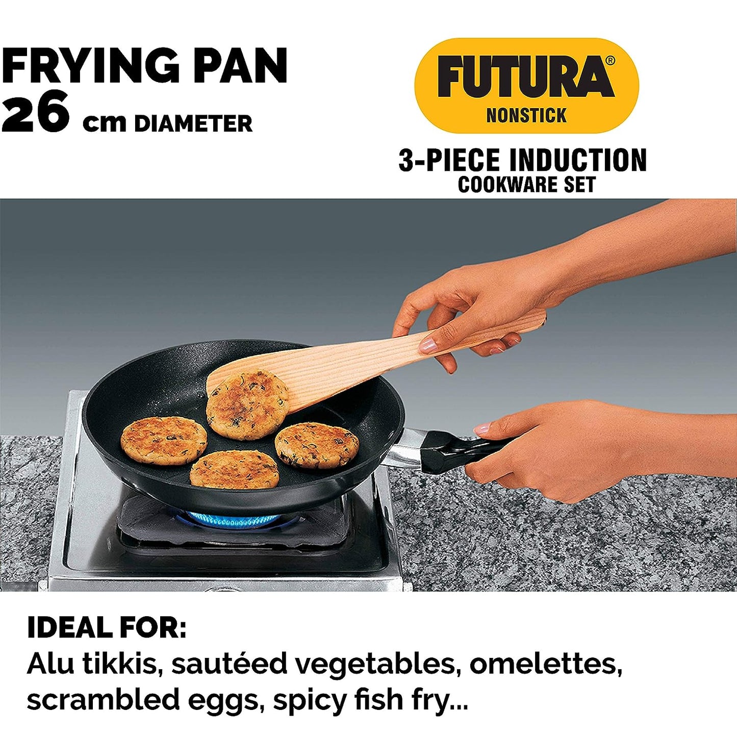 Hawkins Futura 3 Pieces Non Stick Cookware Set No. 2 - 26cm Tava, 26cm Frying Pan and 3.25 Litres Curry Pan with One Stainless Steel Lid - NSET2