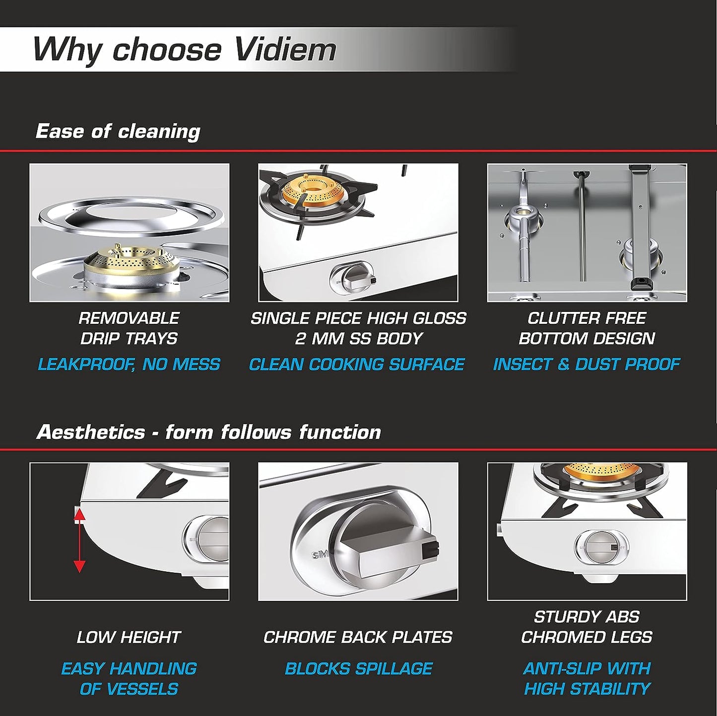 Vidiem Tusker Stainless Steel 4 Burner Glass Top Gas Stove | Manual Ignition