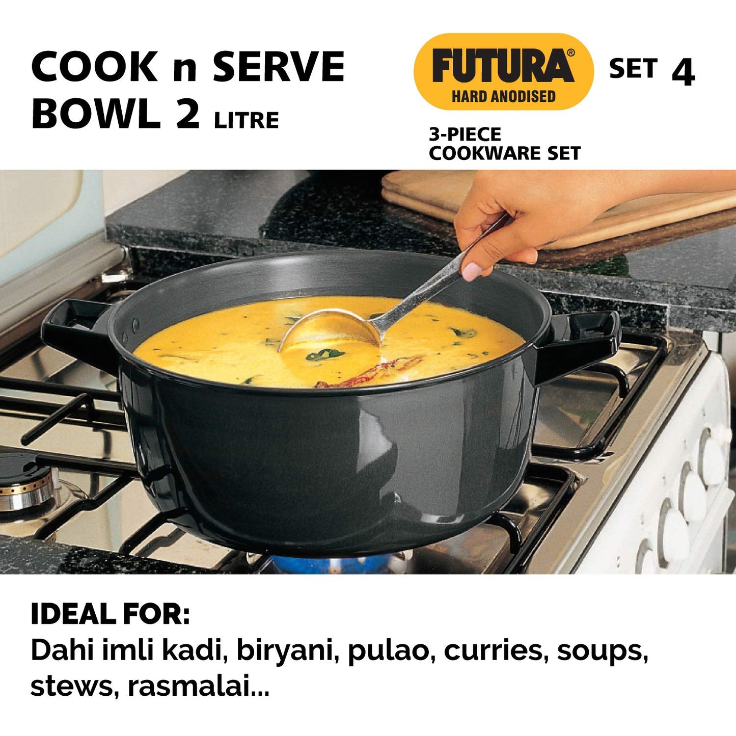 Hawkins Futura 3 Pieces Hard Anodised Cookware Set 4 - 22cm Tava, 2 Litres Cook and Serve Bowl with One Hard Anodised Lid and 1.5 Litres Deep Fry Pan - ASET4