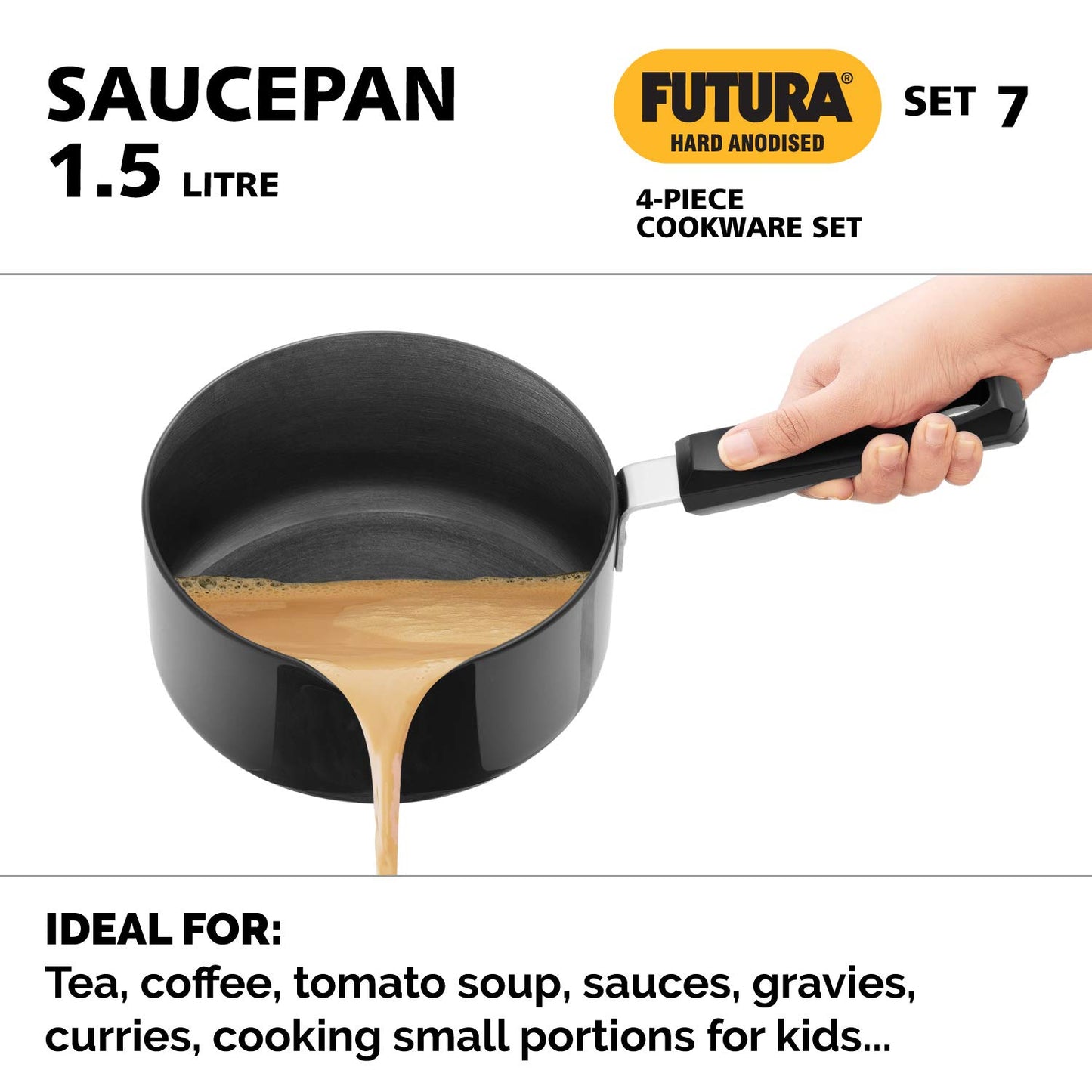 Hawkins Futura 4 Pieces Hard Anodised Cookware Set 7 - 1 Cup Tadka Pan, 18cm Fry Pan, 2.75 Litre Kadhai With SS Lid and 1.5 Litre Suace Pan With SS Lid - ASET7