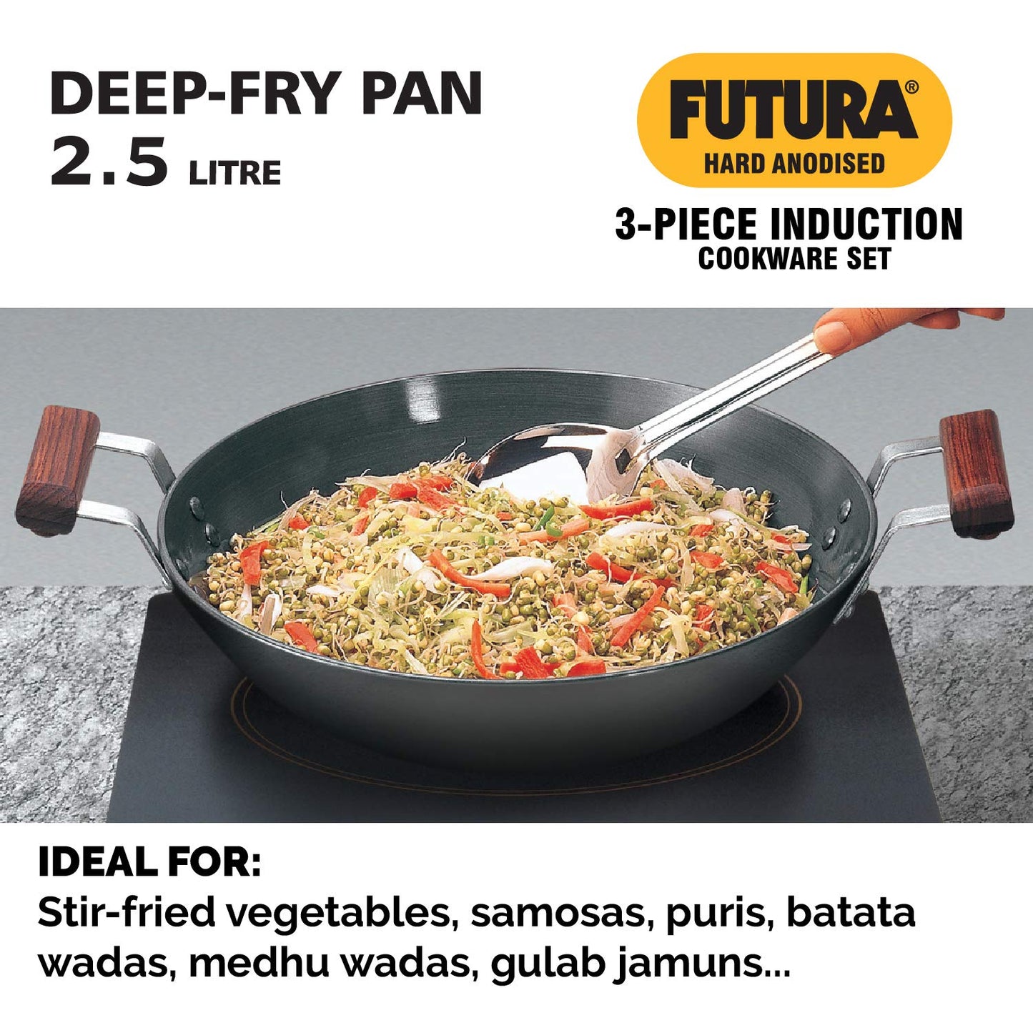 Hawkins Futura 4 Pieces Hard Anodised Induction Compatible Cookware Set 1 - 25cm Frying Pan With SS Lid, 2.5 Litres Deep Fry Pan With SS Lid and 3 Litres Cook-n-Serve Bowl with Hard Anodised Lid- IASET1