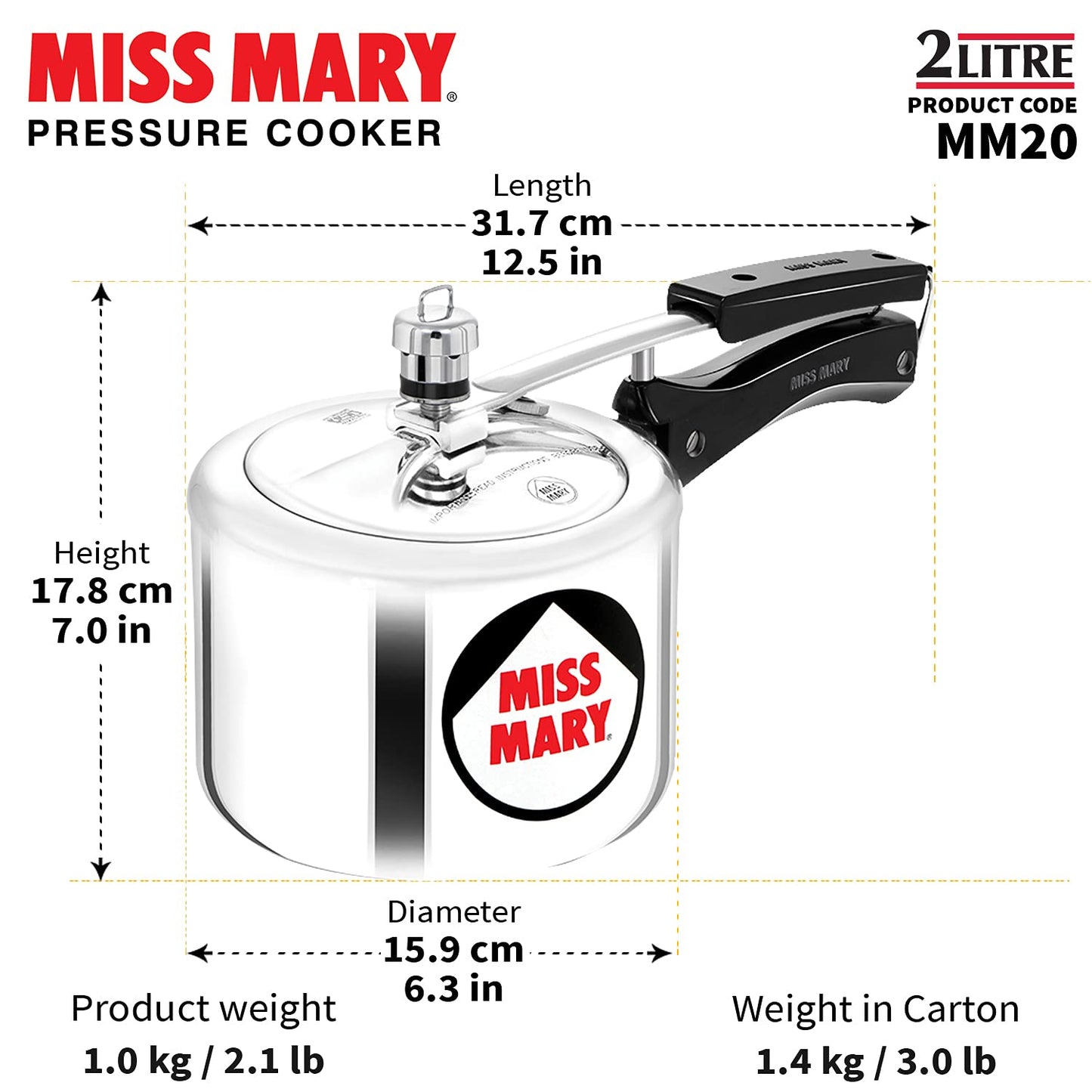 Hawkins Miss Mary Aluminium Inner Lid Pressure Cooker 2 Litres - MM20