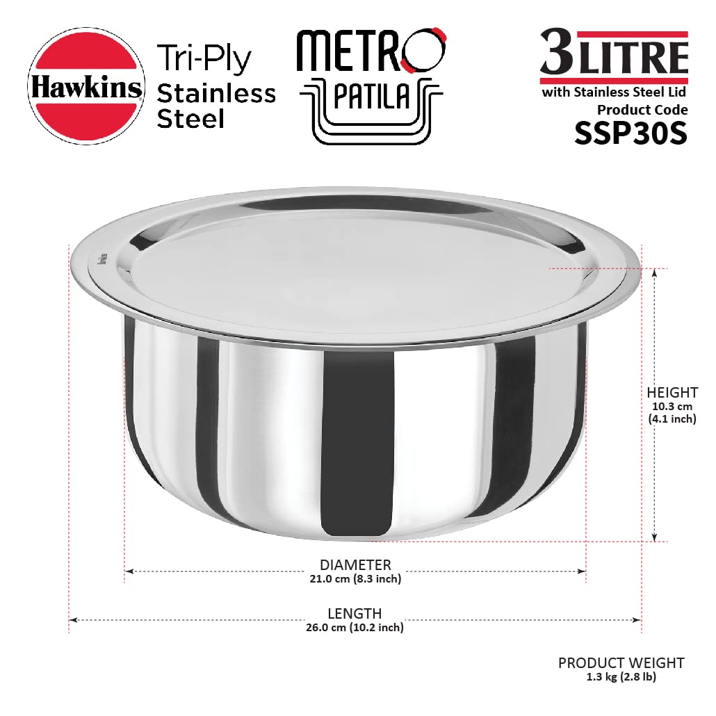 Hawkins 3 Litres Metro Patila, Triply Stainless Steel Tope With Stainless Steel Lid, Induction Bhagona, Tapeli 21cms - SSP30S