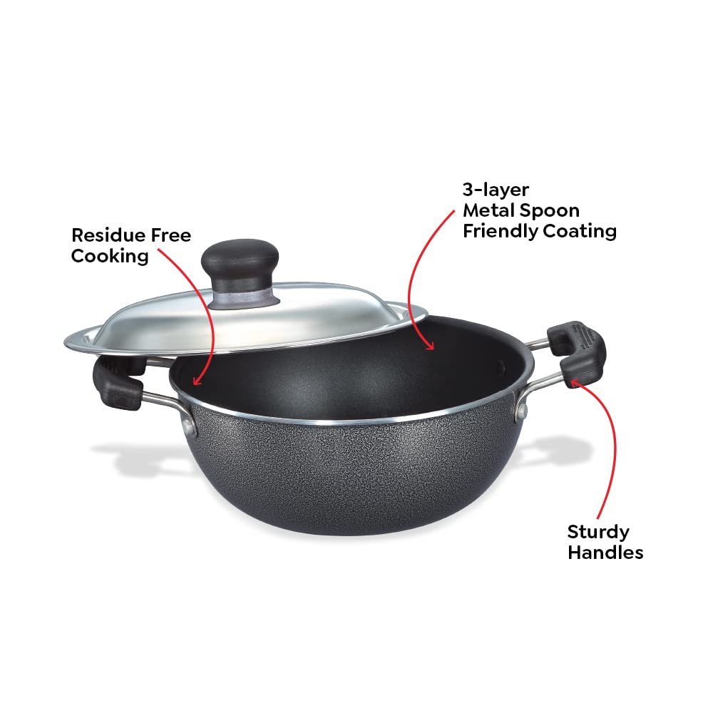Prestige Omega Select Plus Non-Stick Aluminium Flat Base Kadhai with Lid, 20cm, 2.2 Liters - 30730