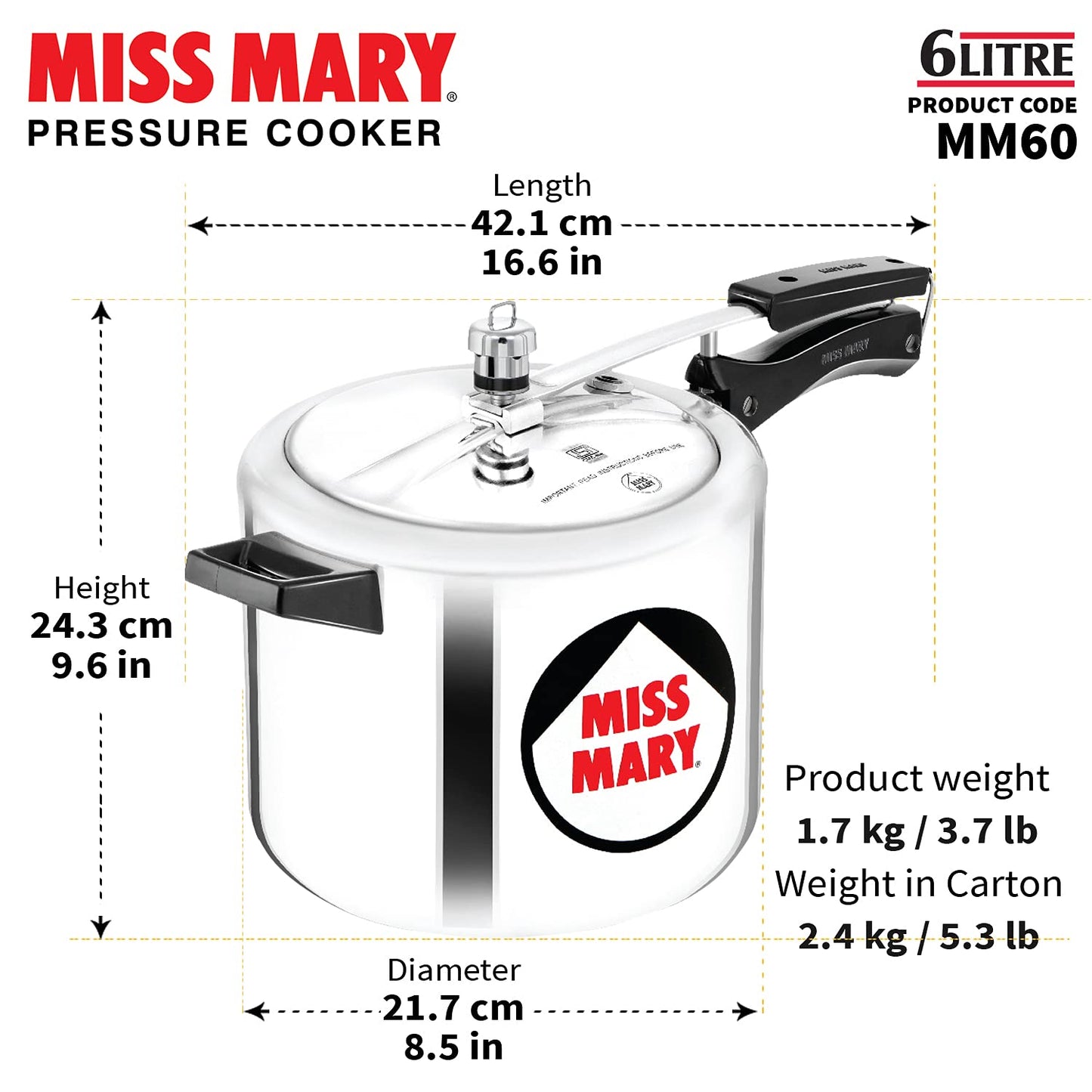 Hawkins Miss Mary Aluminium Inner Lid Pressure Cooker 6 Litres - MM60