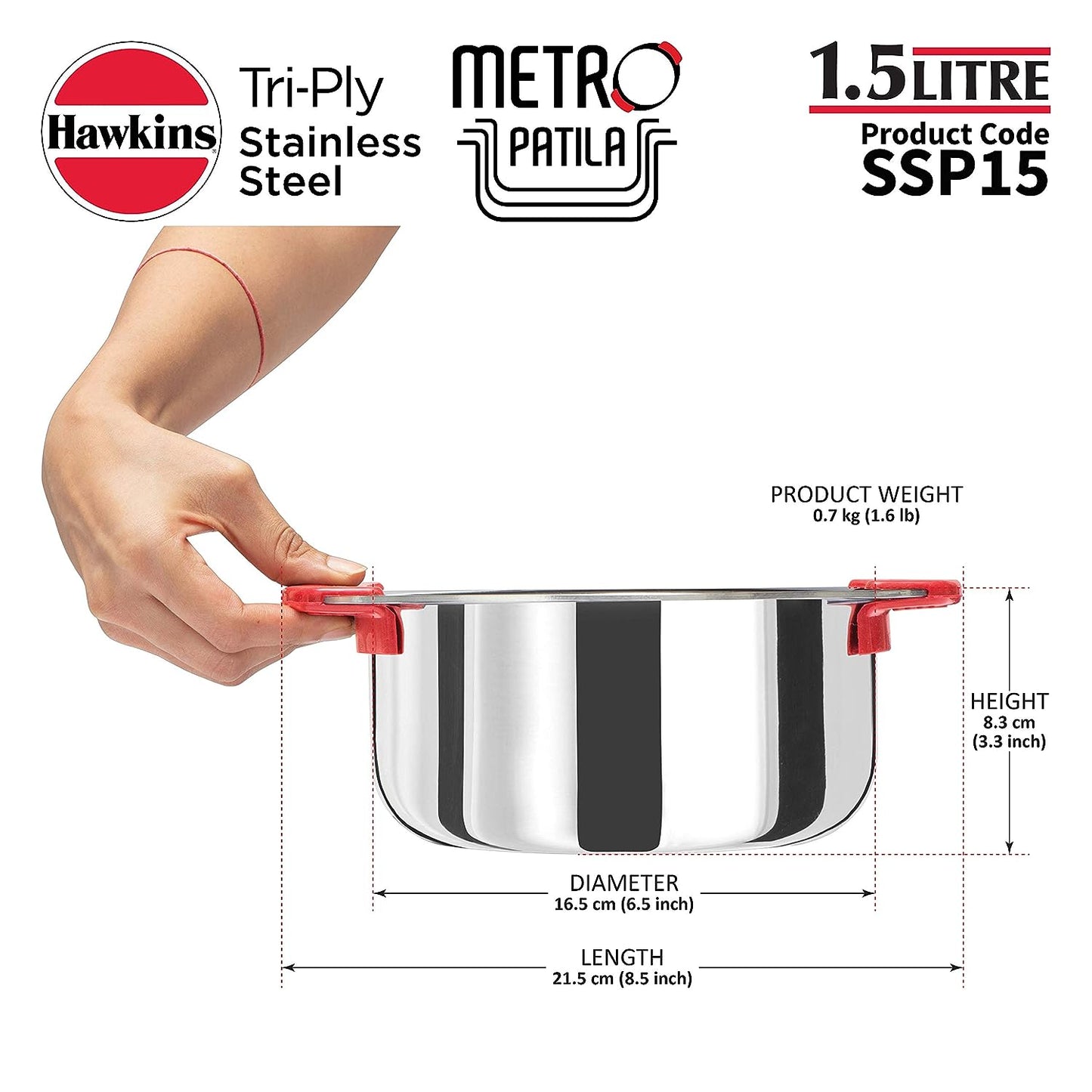 Hawkins 1.5 Litres Metro Patila, Triply Stainless Steel Tope, Induction Bhagona, Tapeli 16.5cms - SSP15