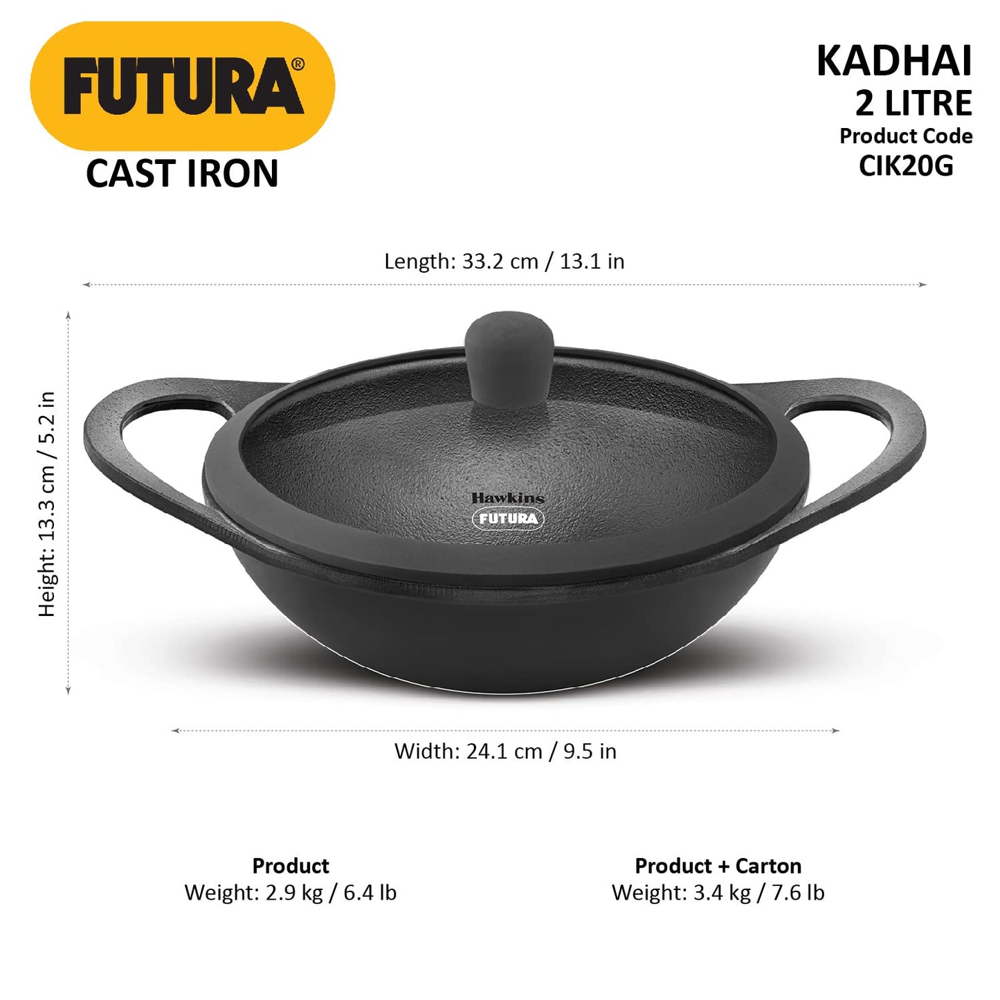 Hawkins Futura Cast Iron Kadhai With Lid 2 Litres | 24cms - CIK 20