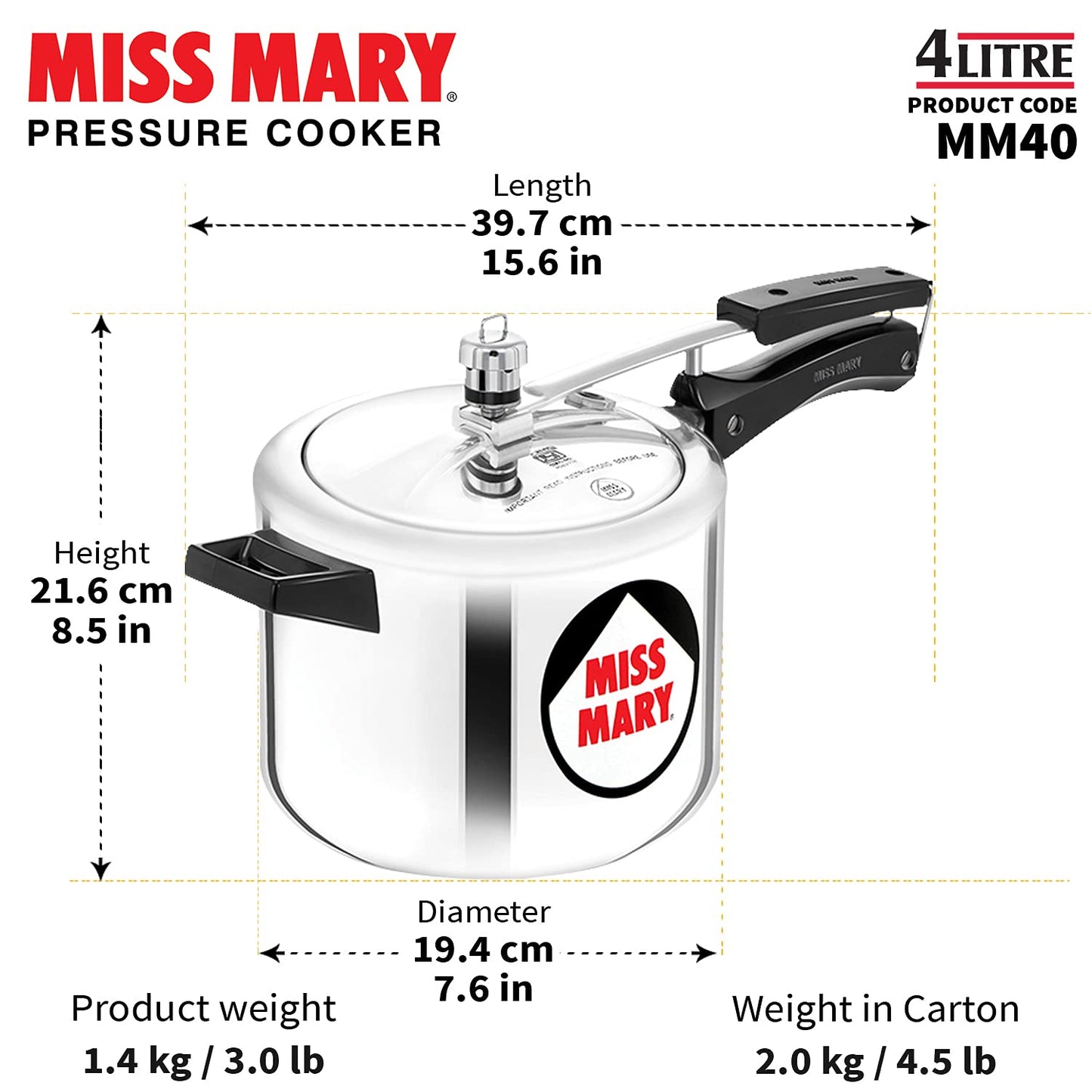 Hawkins Miss Mary Aluminium Inner Lid Pressure Cooker 4 Litres - MM40