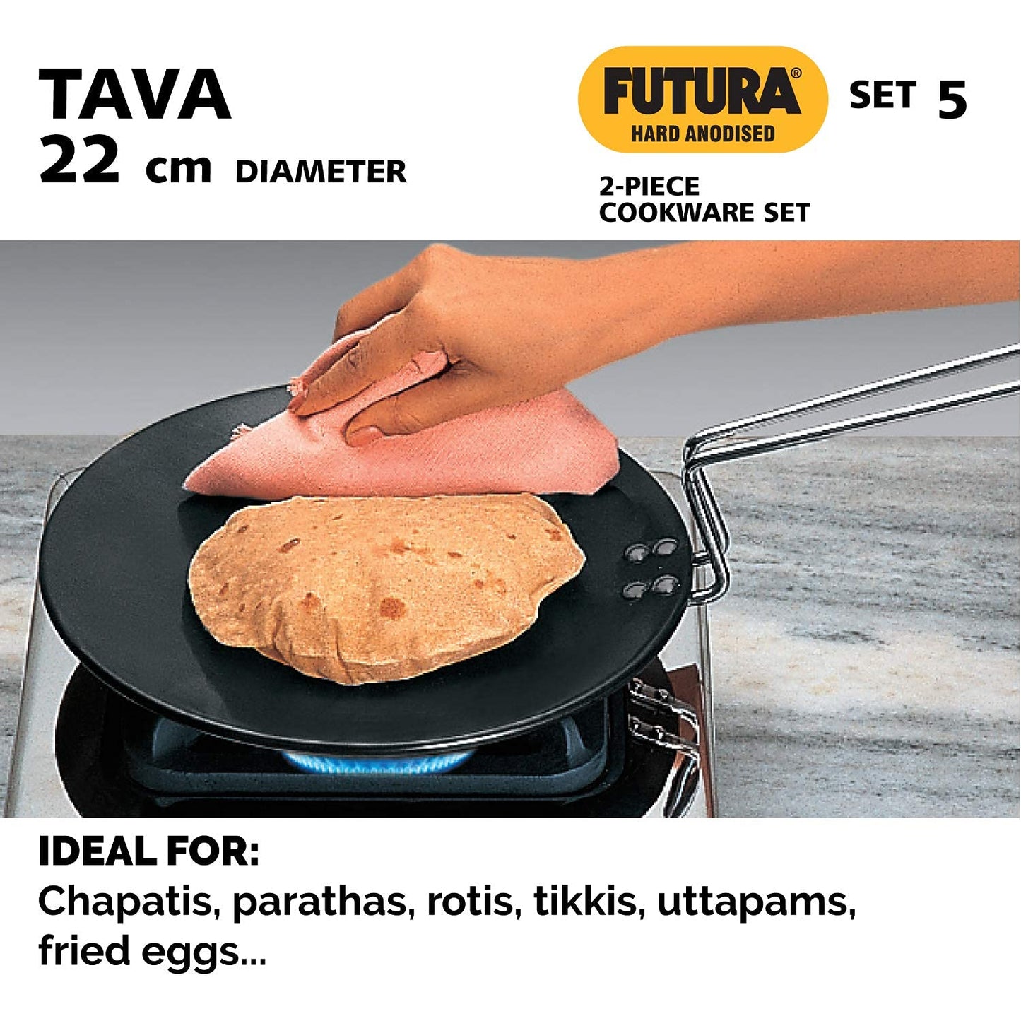 Hawkins Futura 2 Pieces Hard Anodised Cookware Set 5 - 22cm Tava and 2.5 Litres Stewpot with One Stainless Steel Lid - ASET5