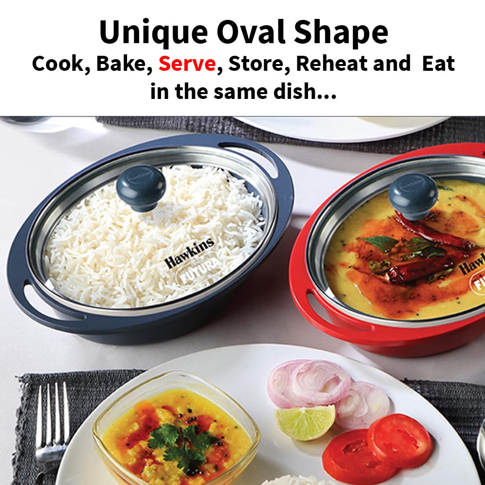 Hawkins Die-Cast Mini Casserole With Glass Lid 0.75 Litres, Oval Shaped Die-Cast pan for Cooking, Reheating, Serving and Storing, Red - DCR75G