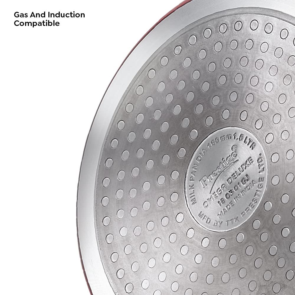 Prestige Omega Deluxe Aluminium Induction Base Non-Stick Milk Pan 160mm with Glass Lid, (Red) - 36728