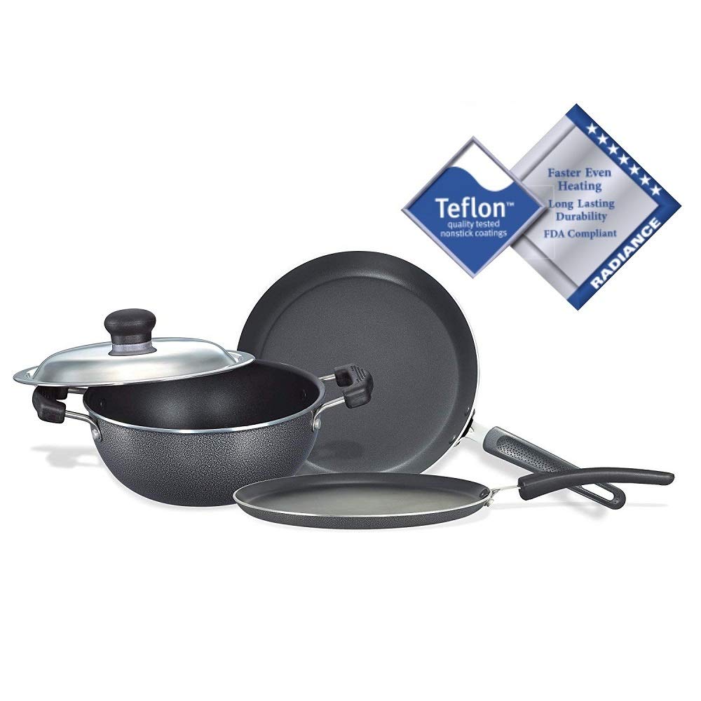 Prestige Omega Select Plus Residue Free Non-Stick Kitchen Set, 3-Pieces (Omni Tawa 27.5cm, Fry Pan 25cm, Kadai With Lid 25cm) - 30735