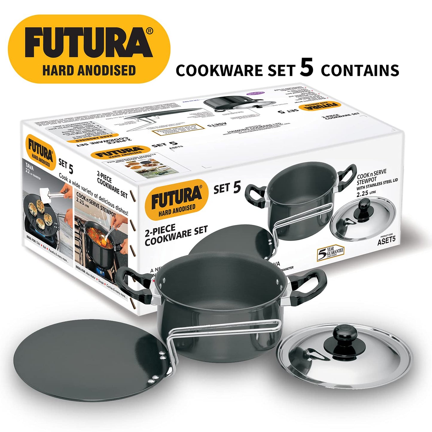 Hawkins Futura 2 Pieces Hard Anodised Cookware Set 5 - 22cm Tava and 2.5 Litres Stewpot with One Stainless Steel Lid - ASET5