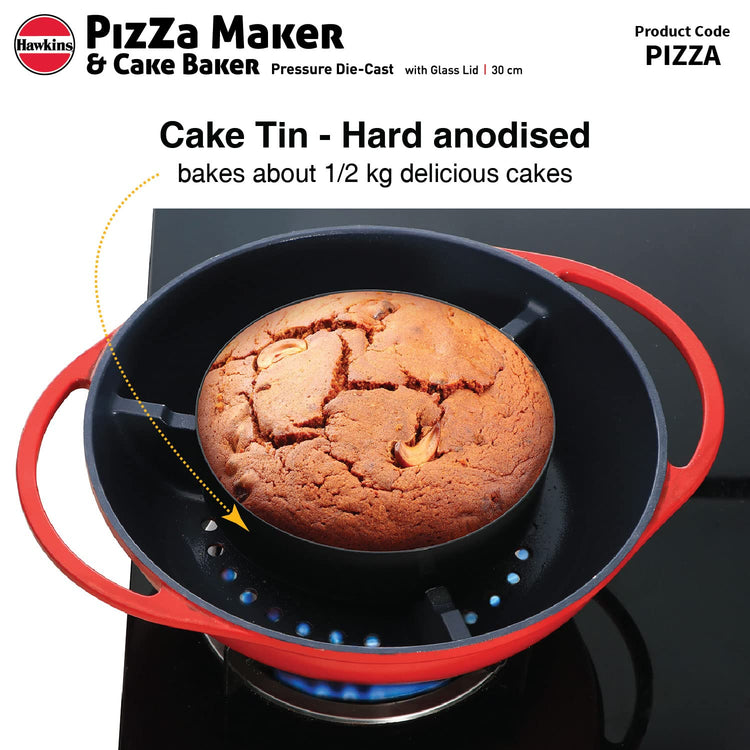 Hawkins Diecast 30cms Nonstick Pizza Maker and Cake Baker with Glass Lid, Gas Oven, Pizza Oven Toaster Griller Tandoor Barbecue, Cake Baking Pan, Red - PIZZA