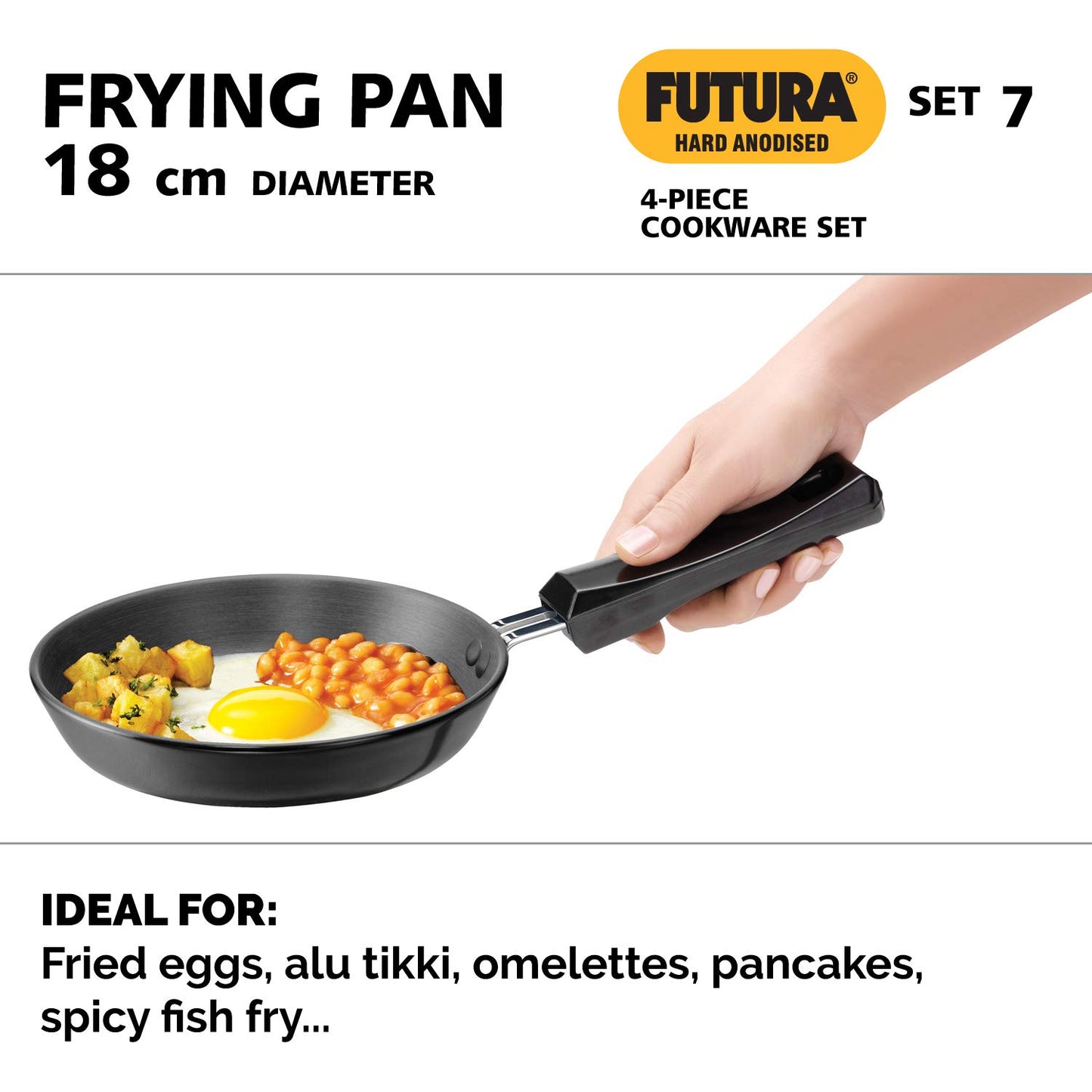 Hawkins Futura 4 Pieces Hard Anodised Cookware Set 7 - 1 Cup Tadka Pan, 18cm Fry Pan, 2.75 Litre Kadhai With SS Lid and 1.5 Litre Suace Pan With SS Lid - ASET7