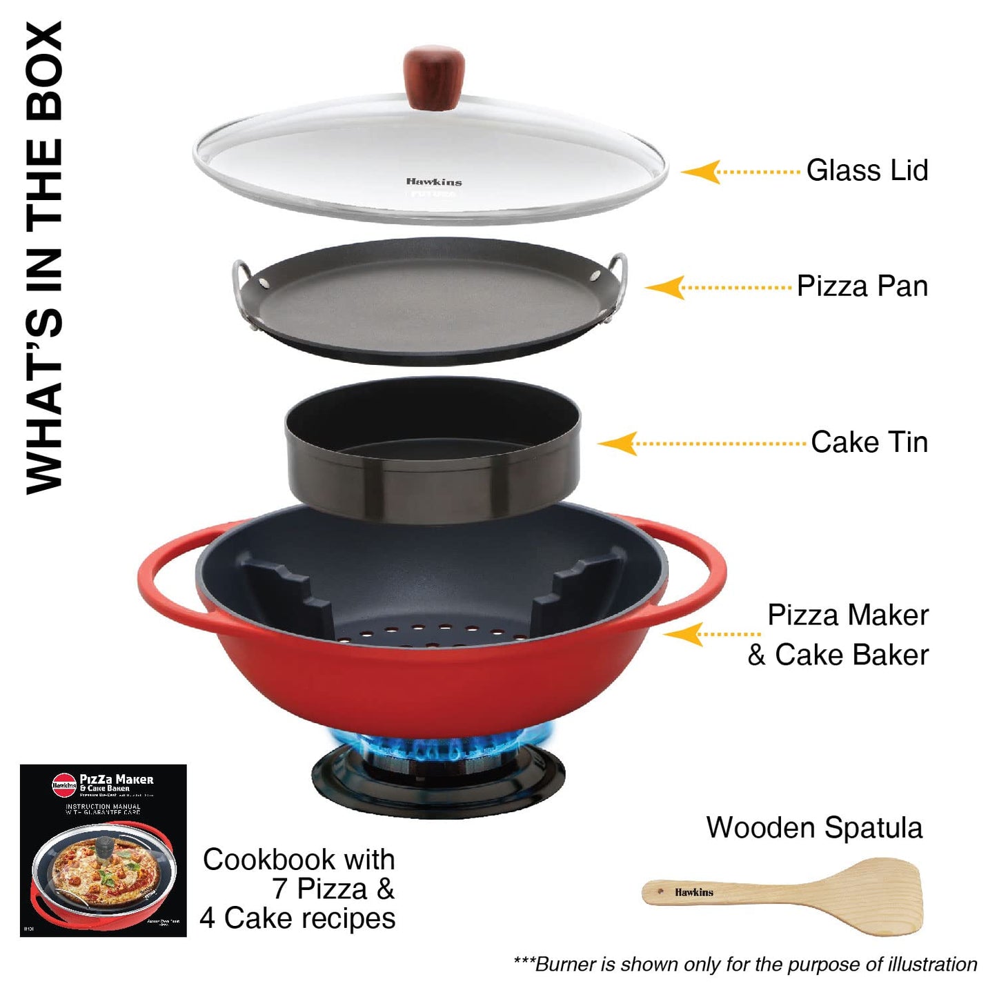 Hawkins Diecast 30cms Nonstick Pizza Maker and Cake Baker with Glass Lid, Gas Oven, Pizza Oven Toaster Griller Tandoor Barbecue, Cake Baking Pan, Red - PIZZA