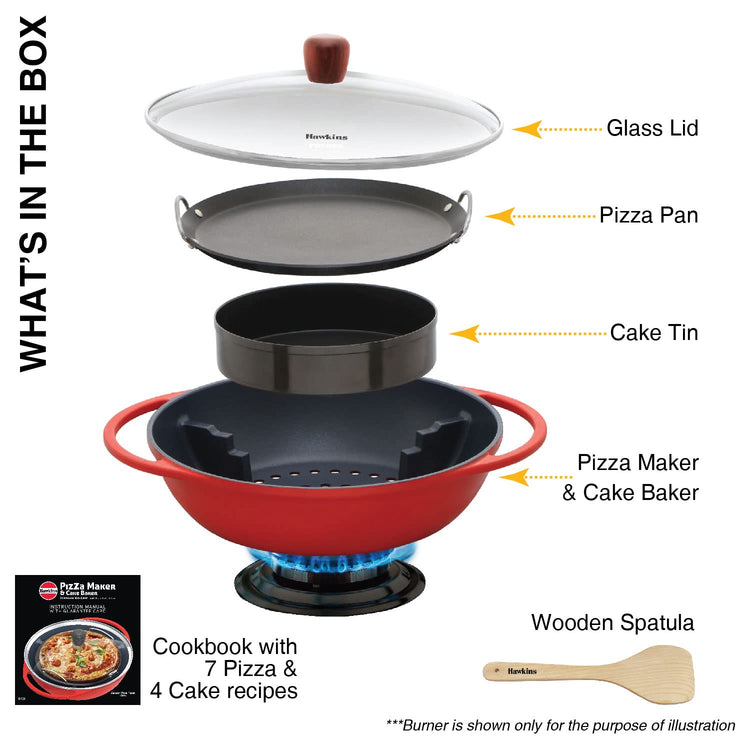 Hawkins Diecast 30cms Nonstick Pizza Maker and Cake Baker with Glass Lid, Gas Oven, Pizza Oven Toaster Griller Tandoor Barbecue, Cake Baking Pan, Red - PIZZA