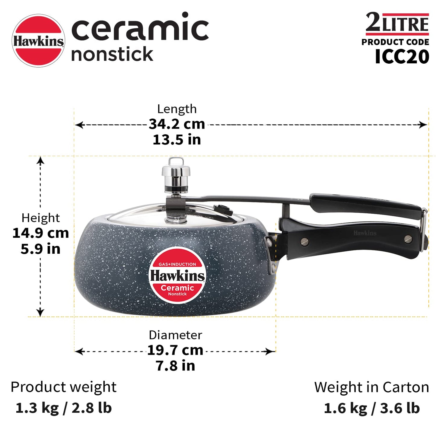 Hawkins Ceramic Nonstick 2 Litres Pressure Cooker, Induction Base Inner Lid Cooker, Granite Contura shaped Cooker - ICC20