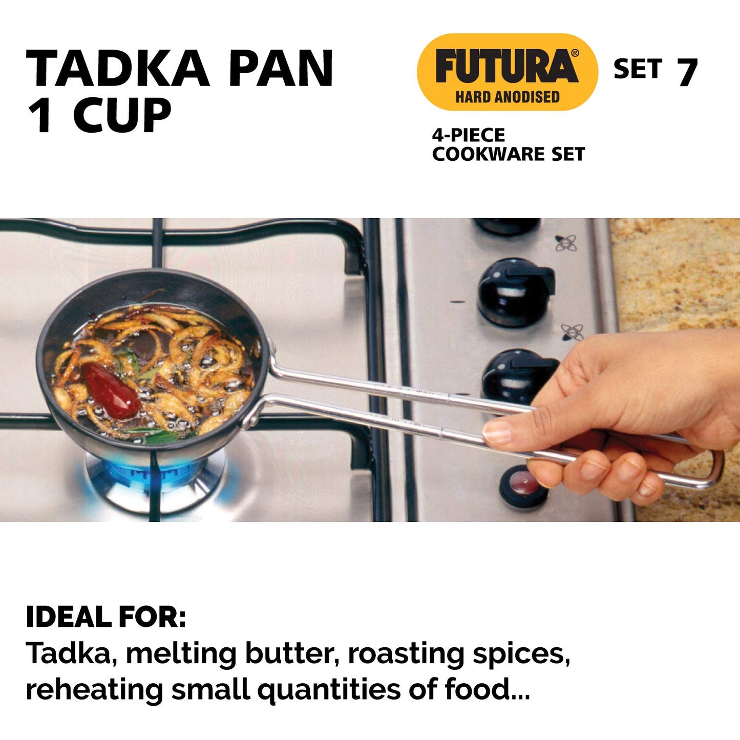 Hawkins Futura 4 Pieces Hard Anodised Cookware Set 7 - 1 Cup Tadka Pan, 18cm Fry Pan, 2.75 Litre Kadhai With SS Lid and 1.5 Litre Suace Pan With SS Lid - ASET7