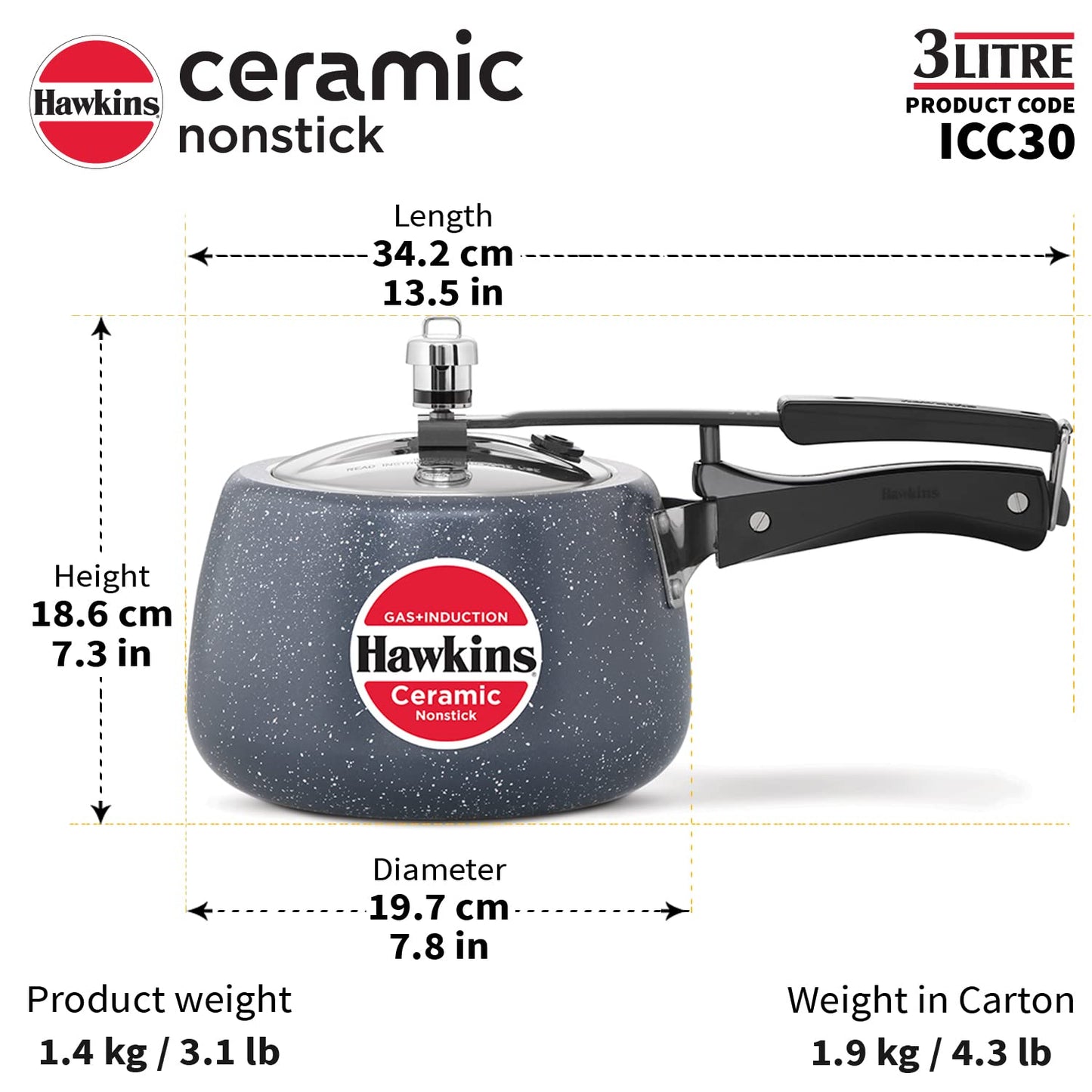 Hawkins Ceramic Nonstick 3 Litres Pressure Cooker, Induction Base Inner Lid Cooker, Granite Contura shaped Cooker - ICC30