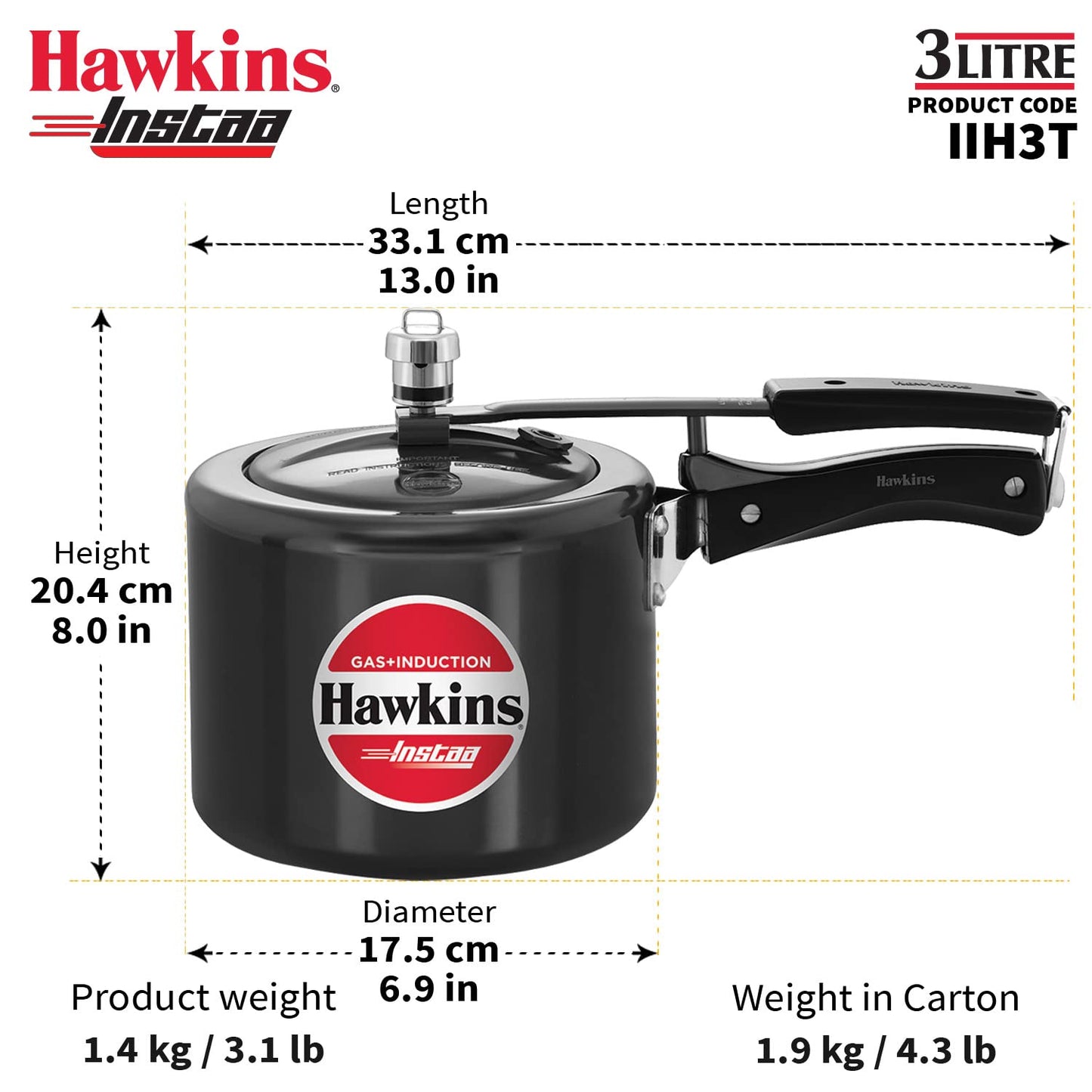 Hawkins Instaa 3 Litres Hard Anodised Pressure Cooker, Induction Base Inner Lid Cooker, Black - IIH3T