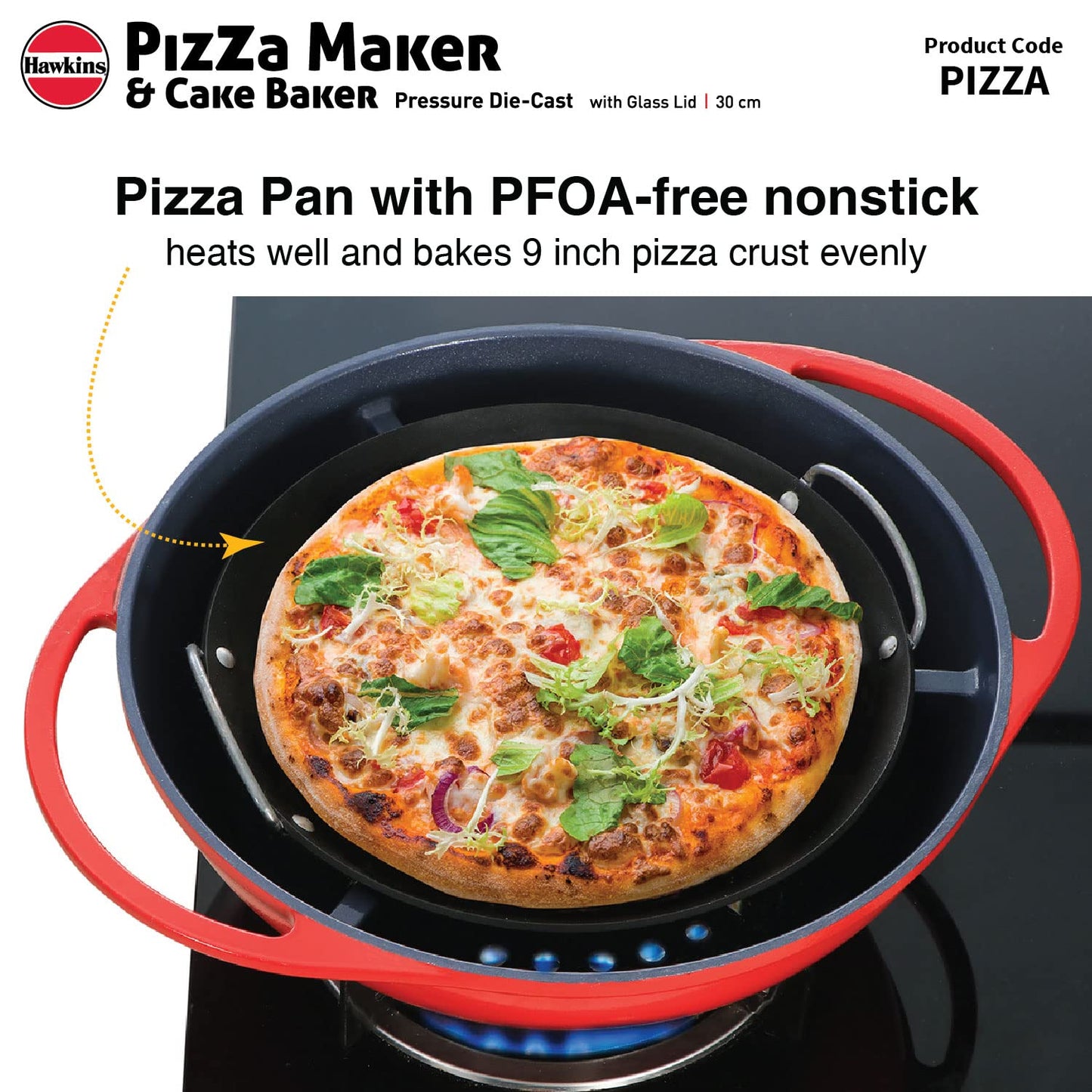 Hawkins Diecast 30cms Nonstick Pizza Maker and Cake Baker with Glass Lid, Gas Oven, Pizza Oven Toaster Griller Tandoor Barbecue, Cake Baking Pan, Red - PIZZA