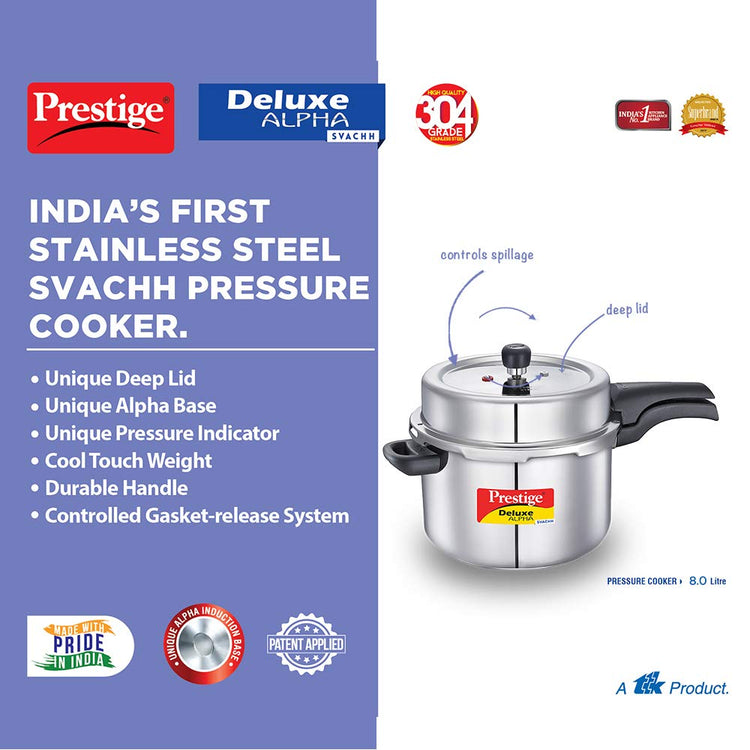 Prestige Svachh Deluxe Alpha 8 Litre Stainless Steel Outer Lid Pressure Cooker - 20253