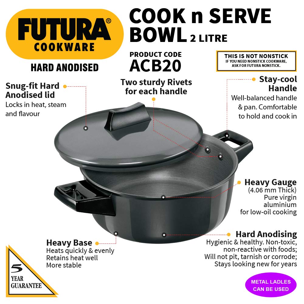 Hawkins Futura Hard anodised Cook and Serve Bowl | Casserole 2 Litre | 20 cms, 4.06mm -ACB20
