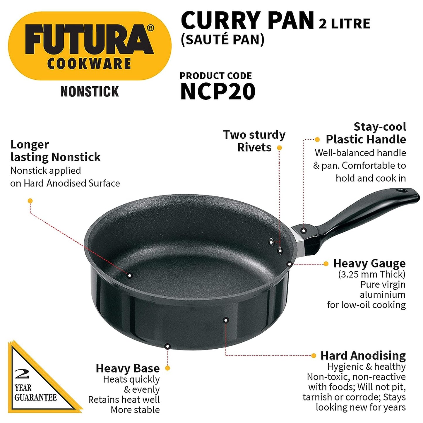Hawkins Futura Nonstick Curry Pan (Saute Pan) 2 Litres | 20 cm, 3.25 mm - NCP 20