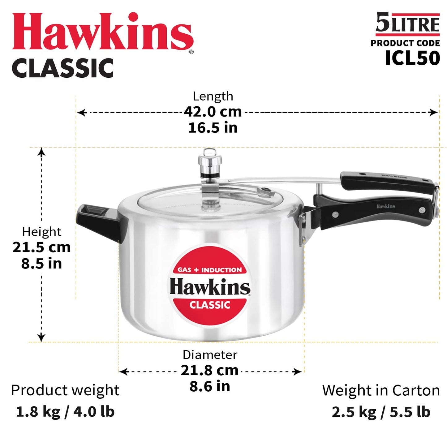 Hawkins Classic 5 Litres Induction Base Aluminium Inner Lid Pressure Cooker - ICL50
