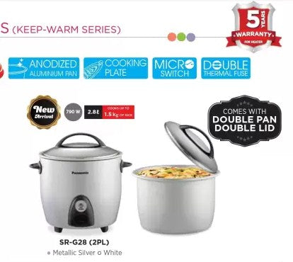 Panasonic SR G28 (2PL) 2 Pan 2.8 Litres | 790 Watts Electric Rice Cooker | Cook upto 1.5 Kg of Rice( Silver )