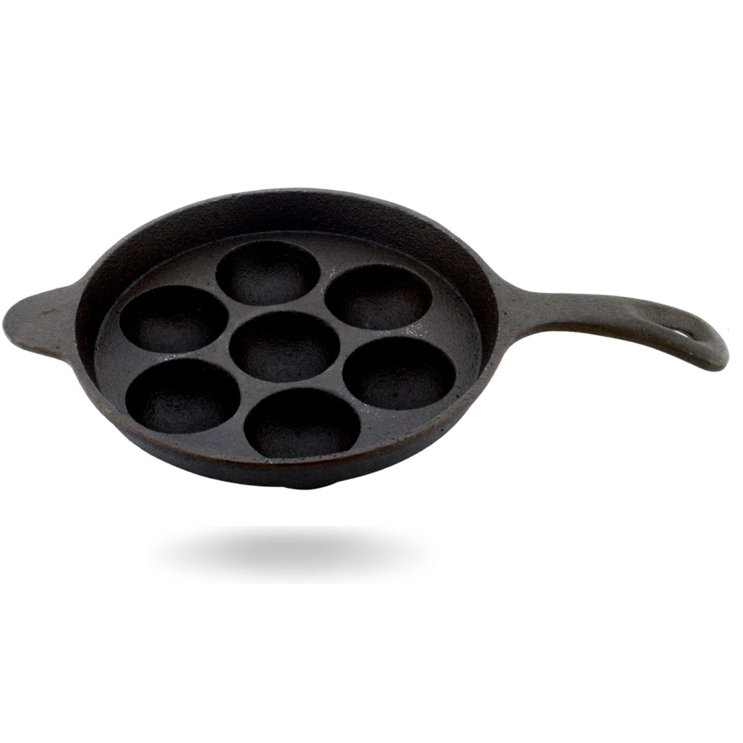 eKitchen ButterMold Pre-Seasoned Cast Iron Round 7 Pits Long Handle Paniyarakal | Paniyaram Pan | Paddu Kallu | Chatti | Induction Compatible