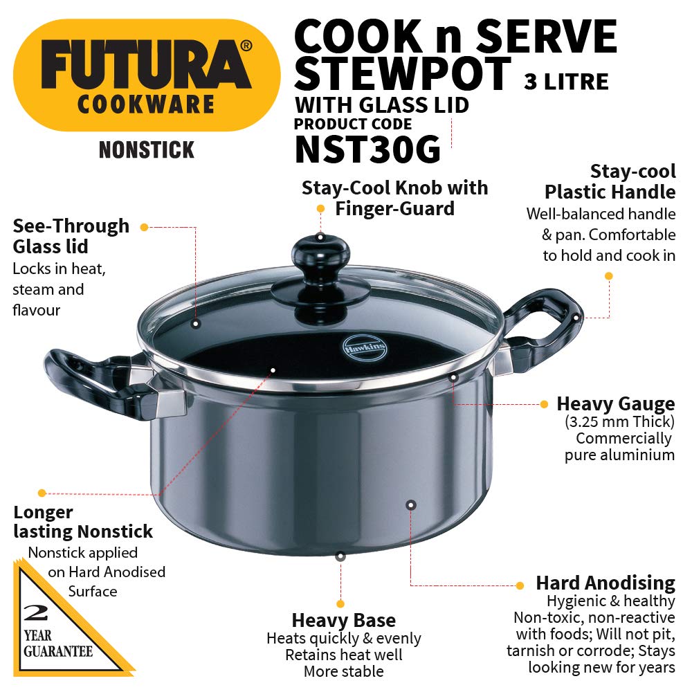 Hawkins Futura Hard anodised Cook and Serve Stew Pot | Casserole With Glass Lid 3 Litres | 20 cms, 3.25mm - NST 30G
