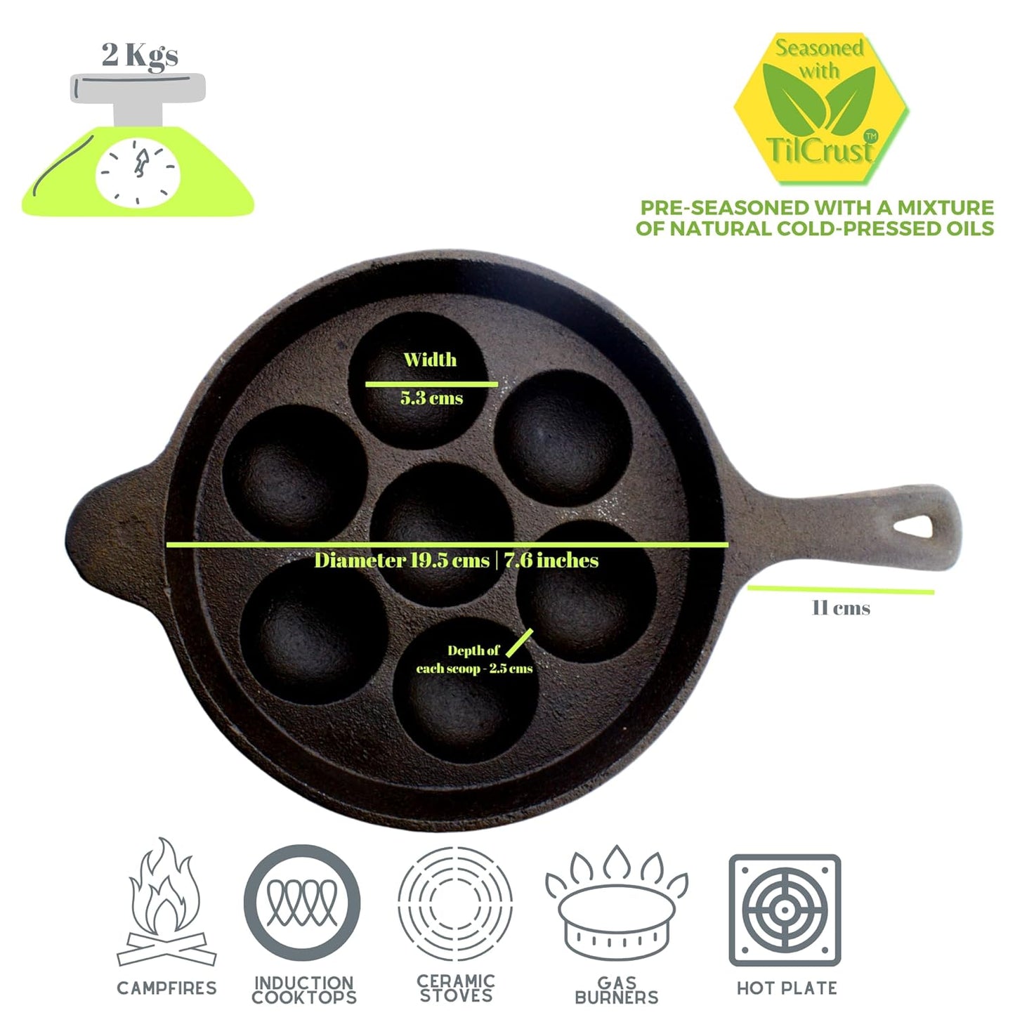 eKitchen ButterMold Pre-Seasoned Cast Iron Round 7 Pits Long Handle Paniyarakal | Paniyaram Pan | Paddu Kallu | Chatti | Induction Compatible
