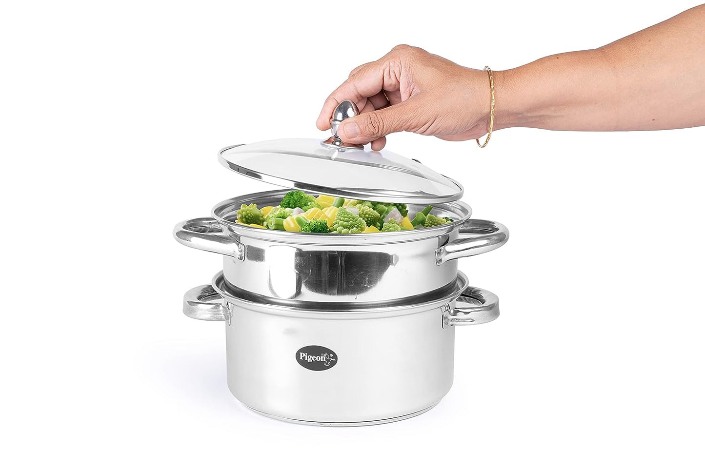 Pigeon Elantra Stainless Steel 2 Tier Steamer Pot Set with Glass Lid | Pasta Steamer Momo/Modak Maker | Vegetable Steamer | Rice Steamer 20 cm | Induction and Gas Stove Compatible - 50313