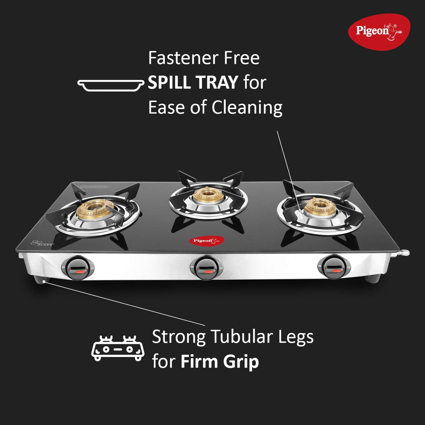 Pigeon Ayush 3 Burner Glasstop Gas Stove, Manual Ignition - 14336