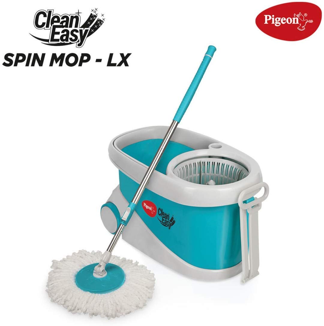 Pigeon Spin Mop-LX with Big Wheels and PVC Wringer Mop Set for Wet and Dry Floor/Wall (Aqua Green, 2 Refills), Large - 14556