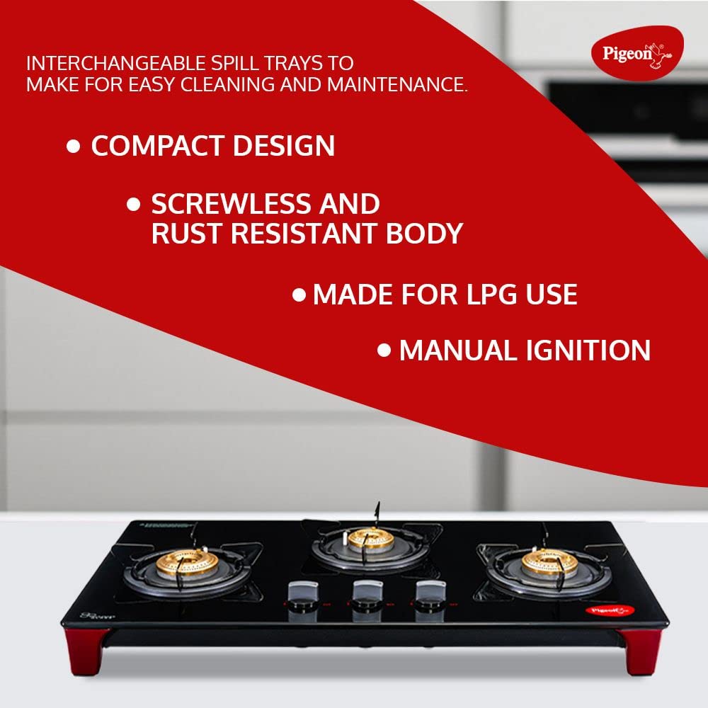 Pigeon Infinity 3 Burner Glasstop Gas Stove, Manual Ignition - 12631