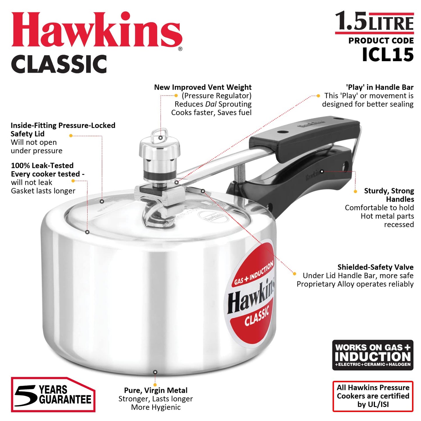 Hawkins 1.5 Litres Classic Induction Base Inner Lid Pressure Cooker - ICL15