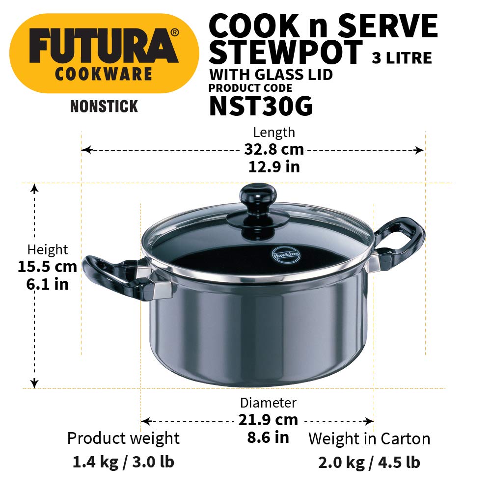 Hawkins Futura Hard anodised Cook and Serve Stew Pot | Casserole With Glass Lid 3 Litres | 20 cms, 3.25mm - NST 30G