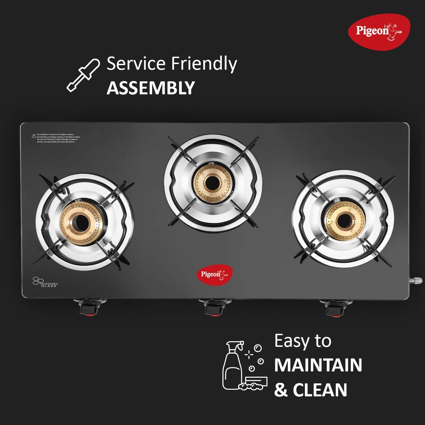 Pigeon Ayush 3 Burner Glasstop Gas Stove, Manual Ignition - 14336