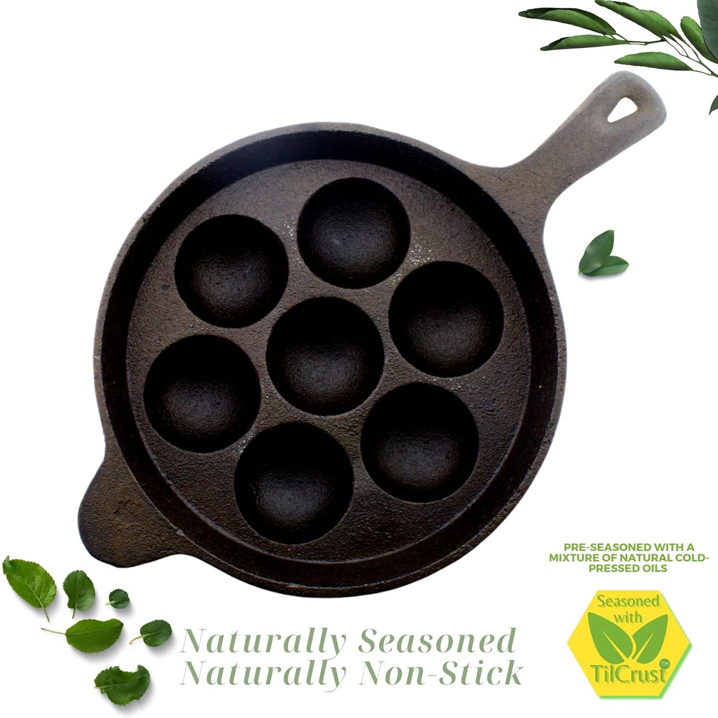 eKitchen ButterMold Pre-Seasoned Cast Iron Round 7 Pits Long Handle Paniyarakal | Paniyaram Pan | Paddu Kallu | Chatti | Induction Compatible